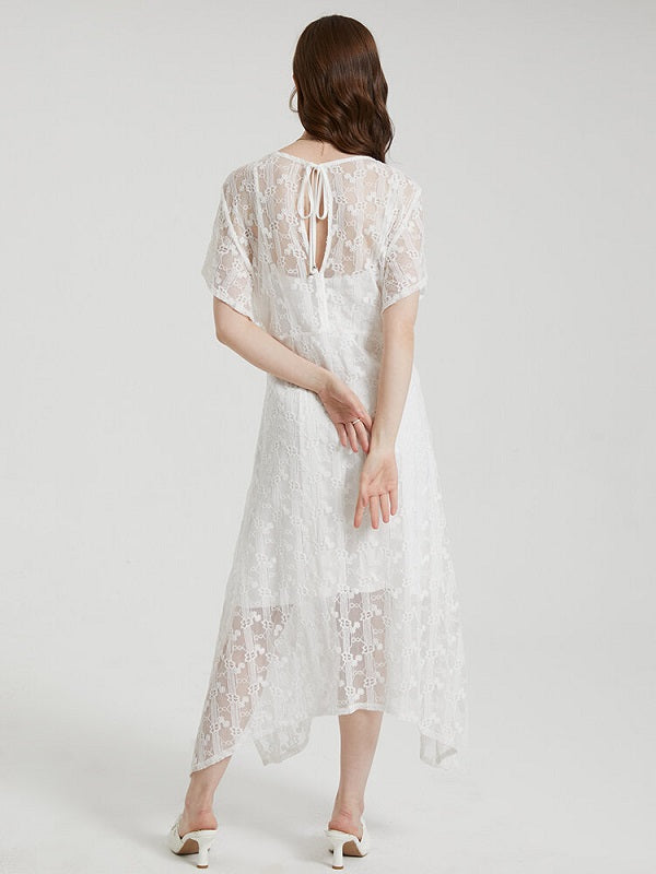 Crochet Lace Tie Solid Short Sleeve Two Pieces Dress