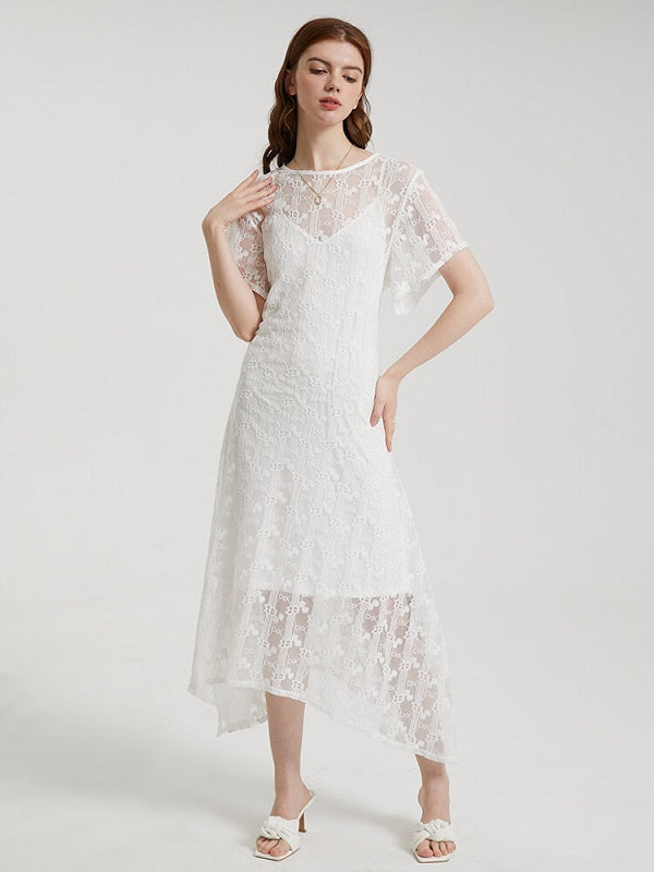 Crochet Lace Tie Solid Short Sleeve Two Pieces Dress
