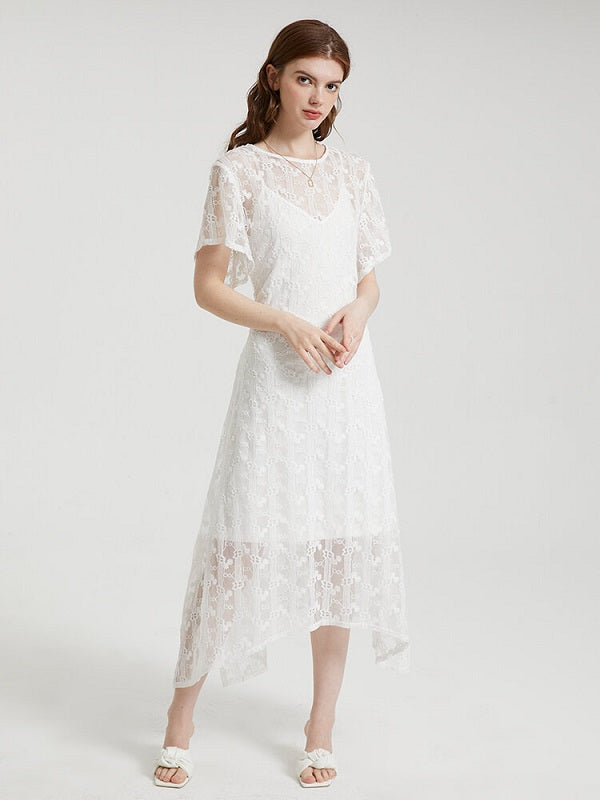 Crochet Lace Tie Solid Short Sleeve Two Pieces Dress