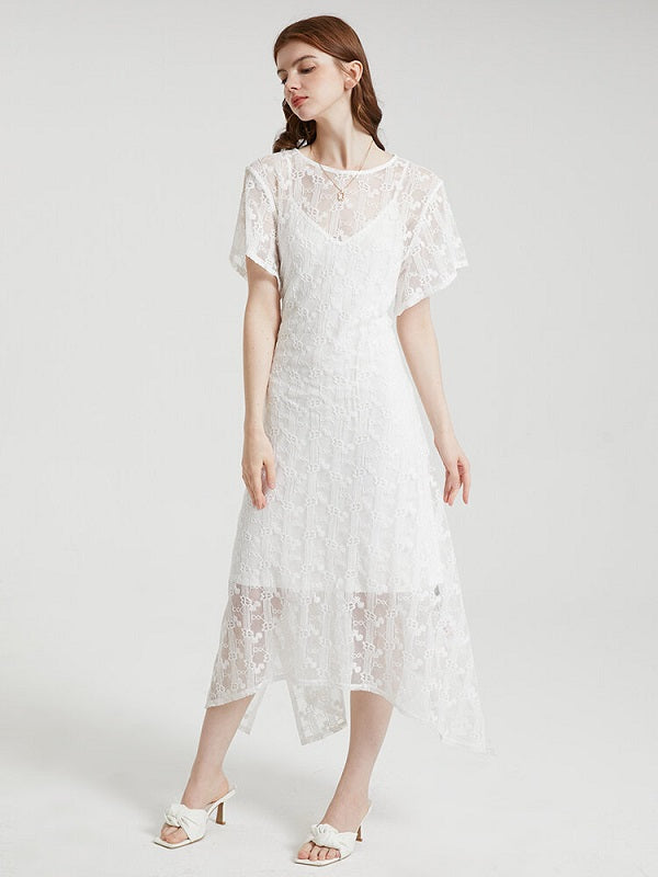 Crochet Lace Tie Solid Short Sleeve Two Pieces Dress