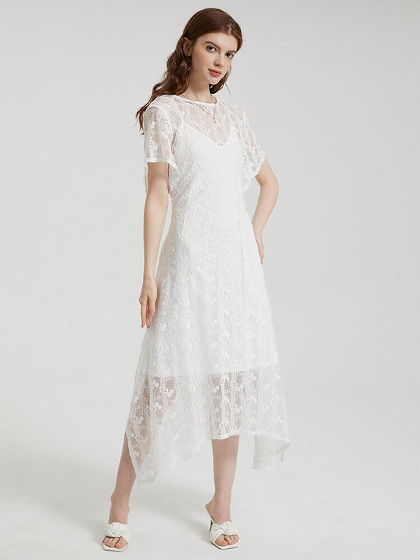 Crochet Lace Tie Solid Short Sleeve Two Pieces Dress