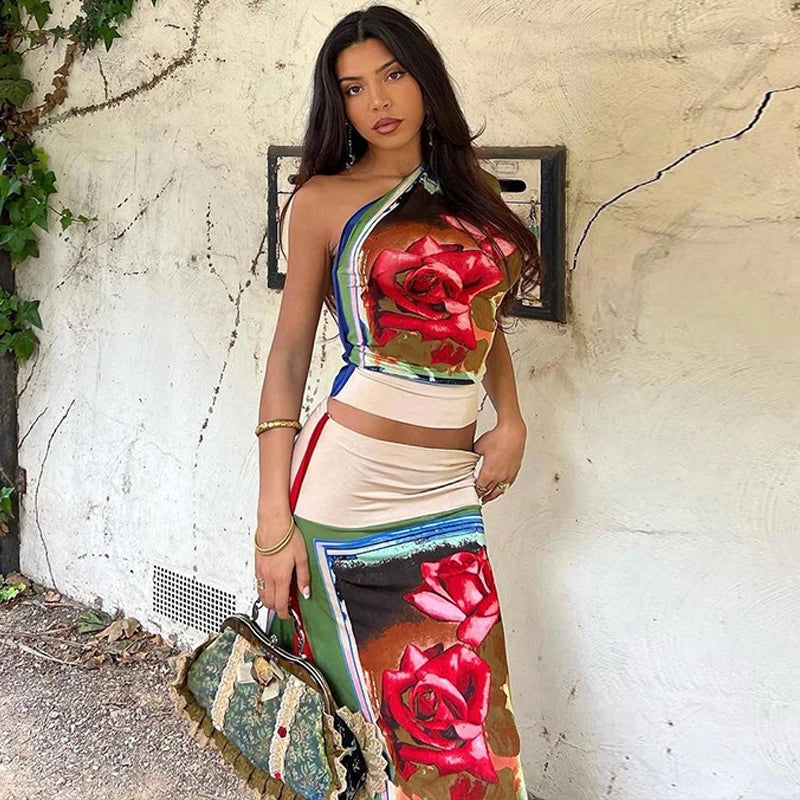 Crop Tops Midi Skirt Vacation Outfits Streetwear Two Piece Matching Sets