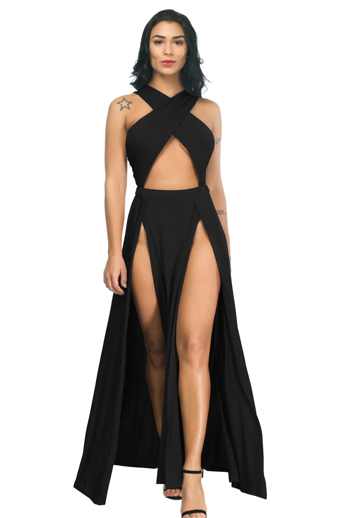 Cross Strap Off Shoulder Solid Color Split Asymmetrical Party Club Dress