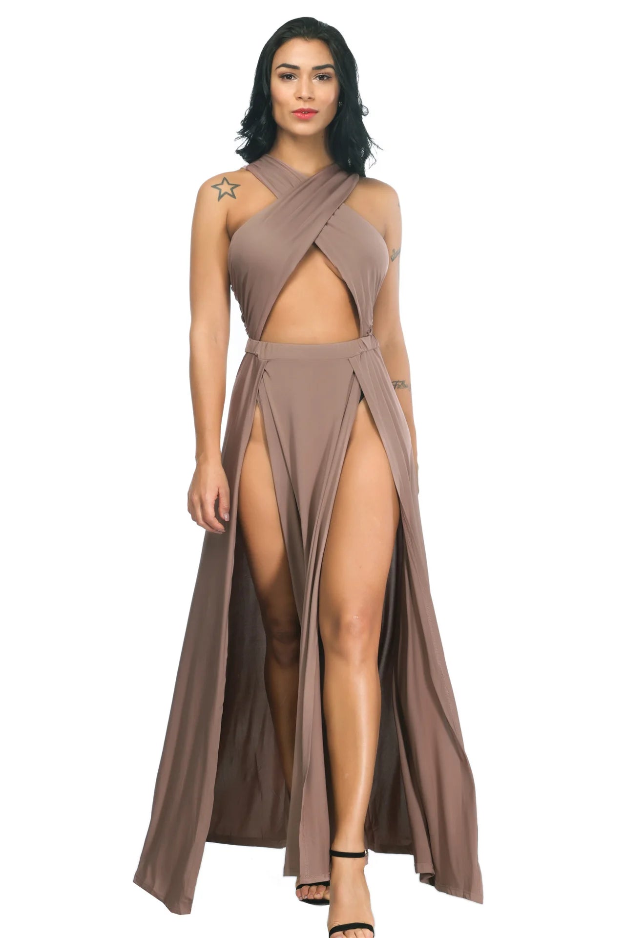 Cross Strap Off Shoulder Solid Color Split Asymmetrical Party Club Dress