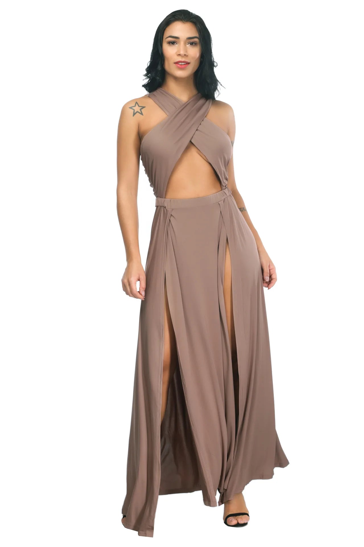 Cross Strap Off Shoulder Solid Color Split Asymmetrical Party Club Dress