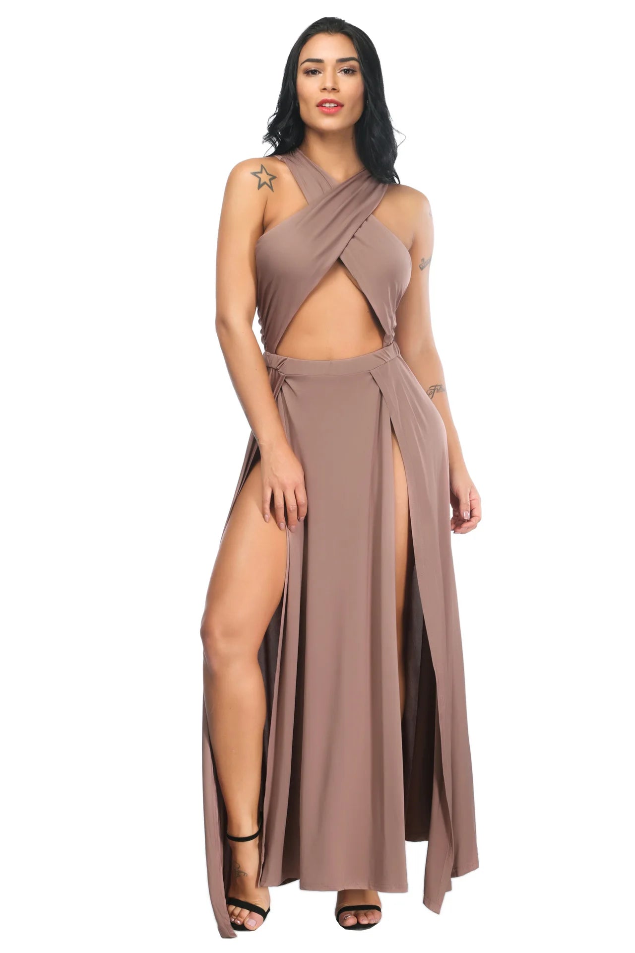 Cross Strap Off Shoulder Solid Color Split Asymmetrical Party Club Dress