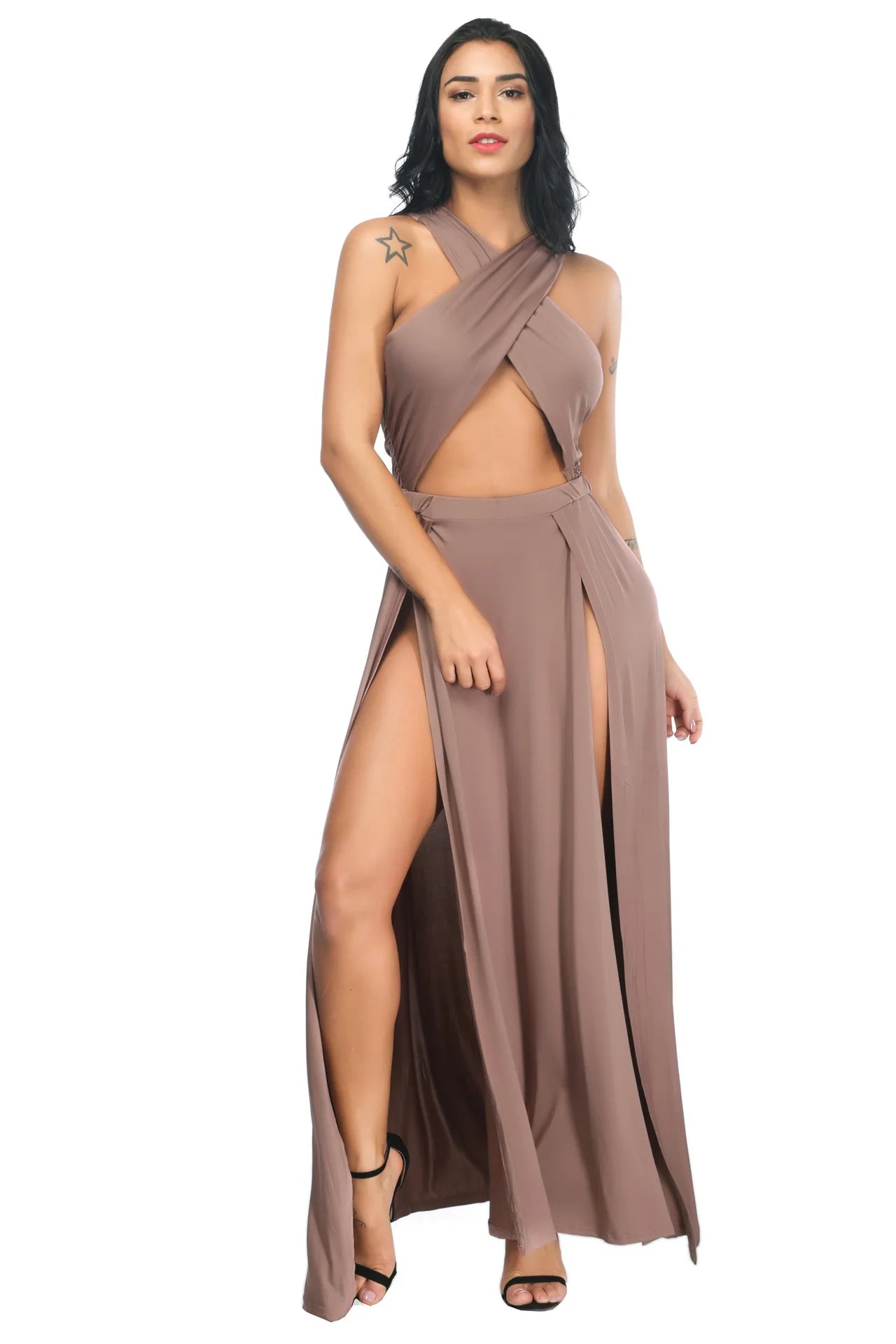 Cross Strap Off Shoulder Solid Color Split Asymmetrical Party Club Dress