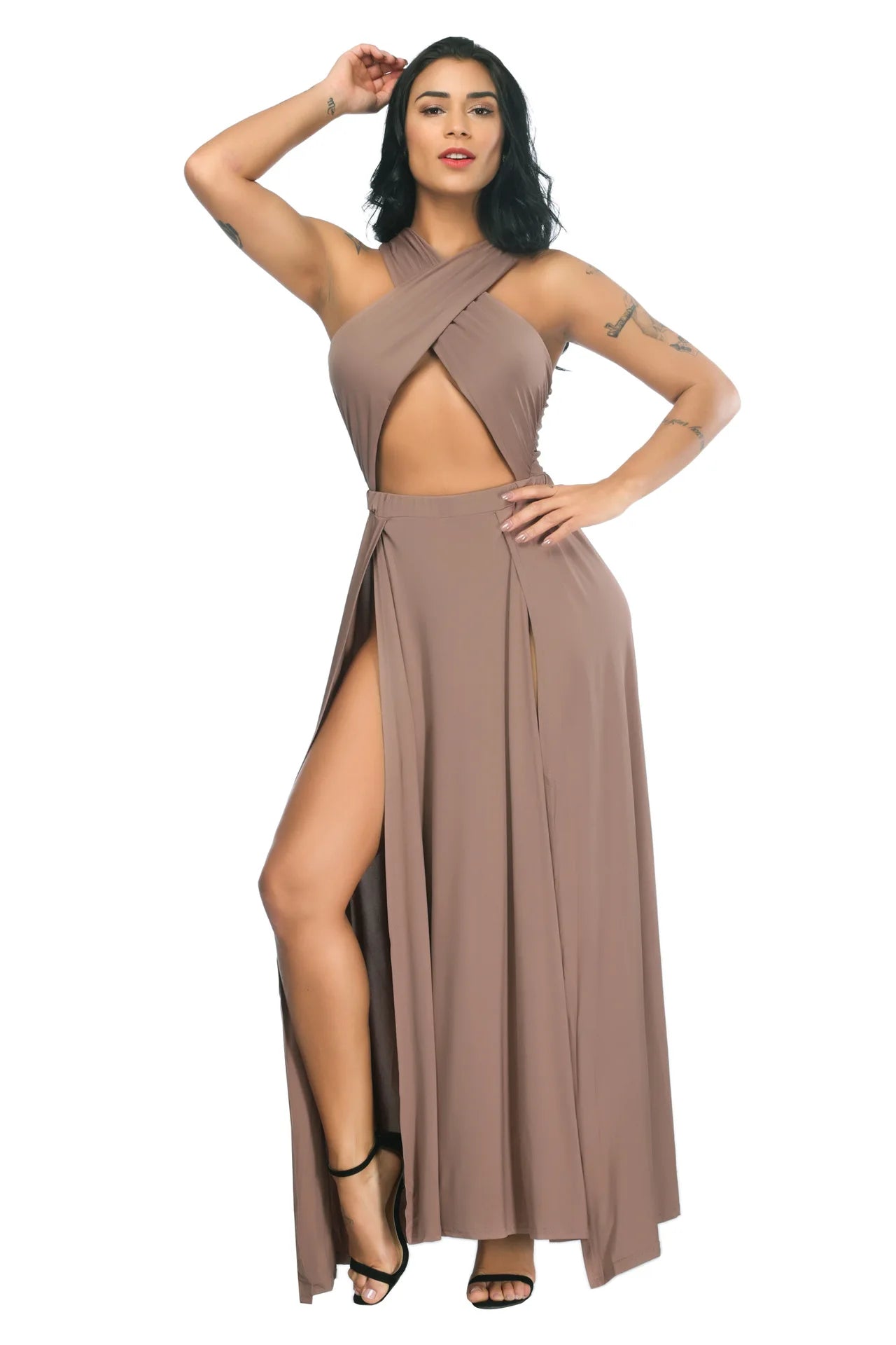 Cross Strap Off Shoulder Solid Color Split Asymmetrical Party Club Dress