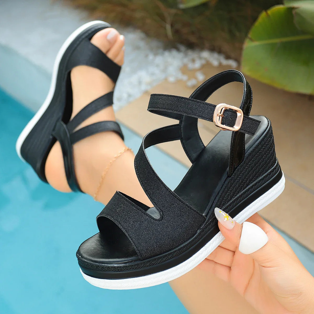 Crystal Ankle Buckle Wedges Sandals for Plus Size Solid Chunky Platform Shoes