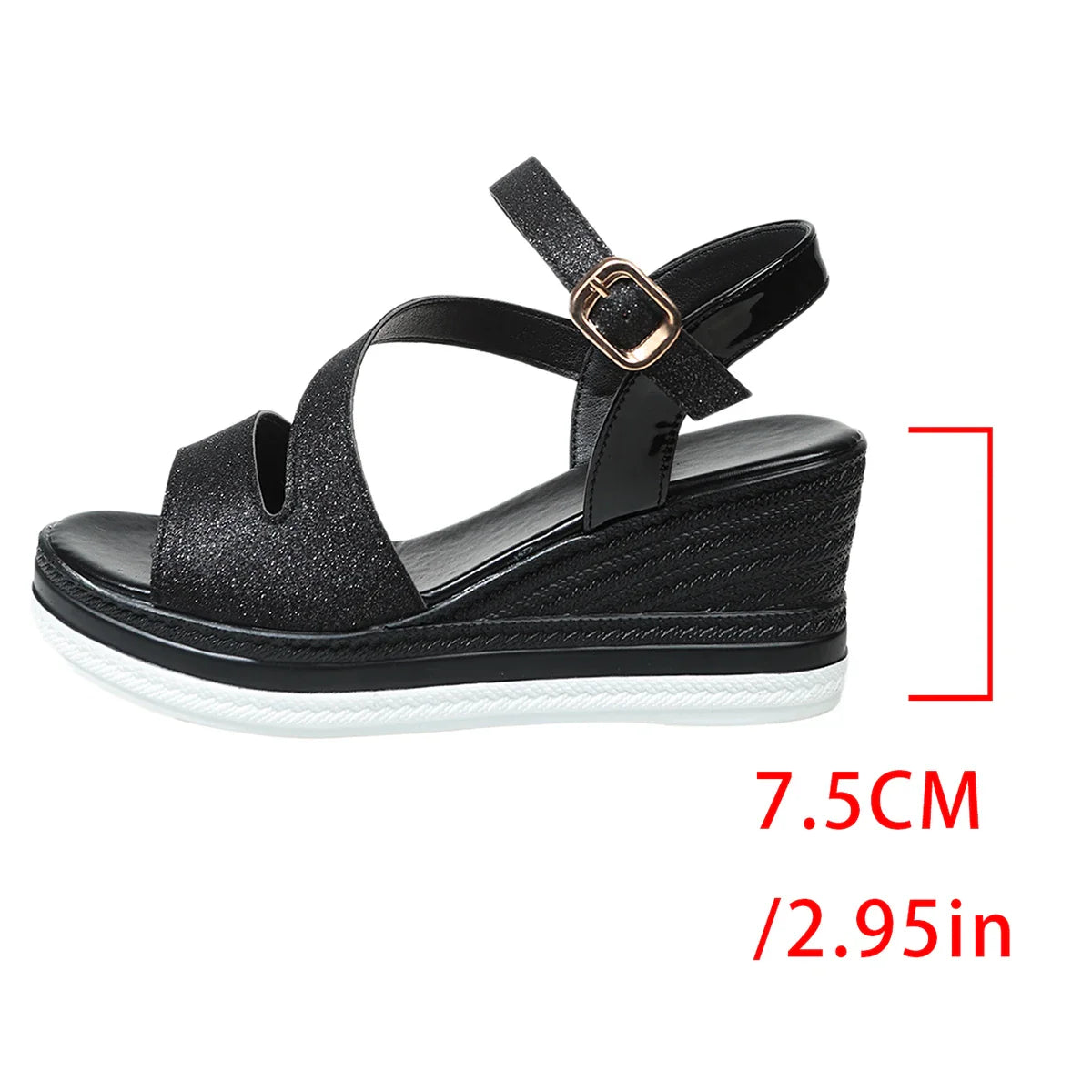 Crystal Ankle Buckle Wedges Sandals for Plus Size Solid Chunky Platform Shoes