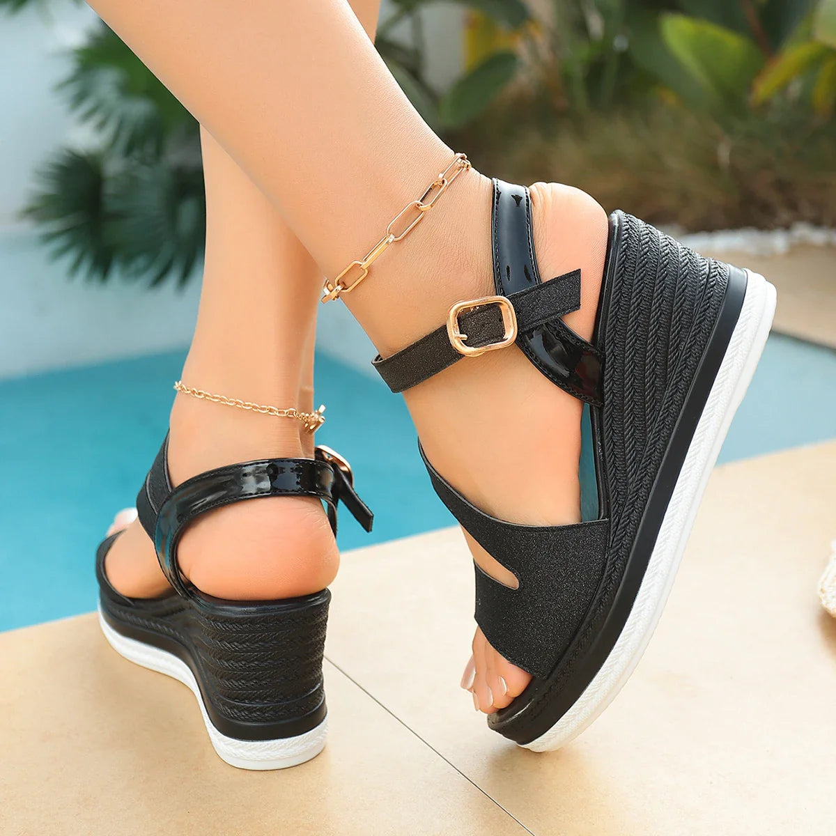 Crystal Ankle Buckle Wedges Sandals for Plus Size Solid Chunky Platform Shoes