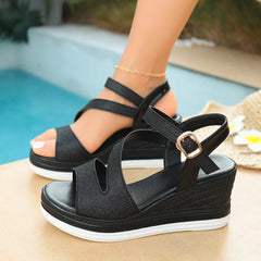 Crystal Ankle Buckle Wedges Sandals for Plus Size Solid Chunky Platform Shoes