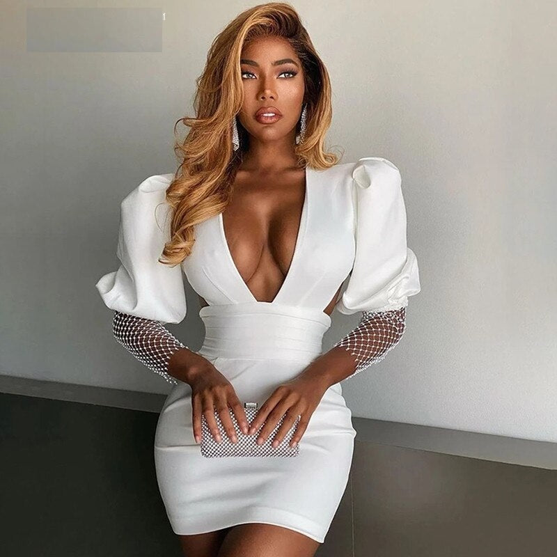 Crystal Diamond Sleeve Backless High Street Mini Dress