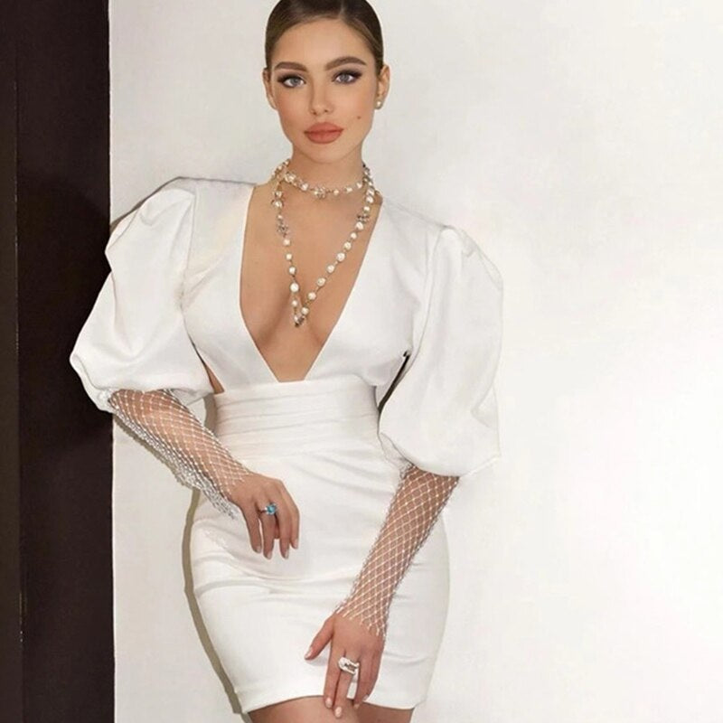 Crystal Diamond Sleeve Backless High Street Mini Dress