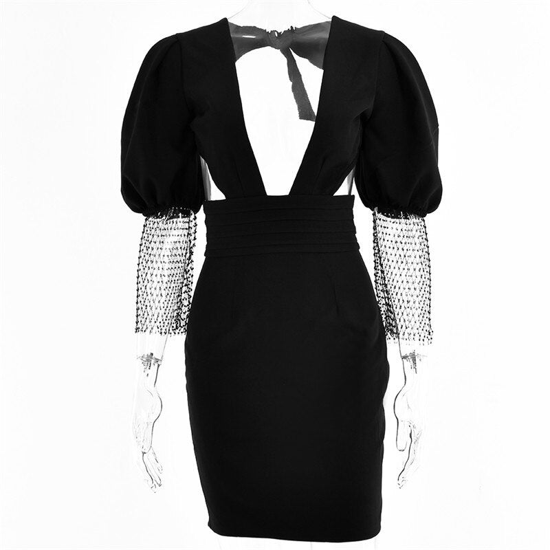 Crystal Diamond Sleeve Backless High Street Mini Dress