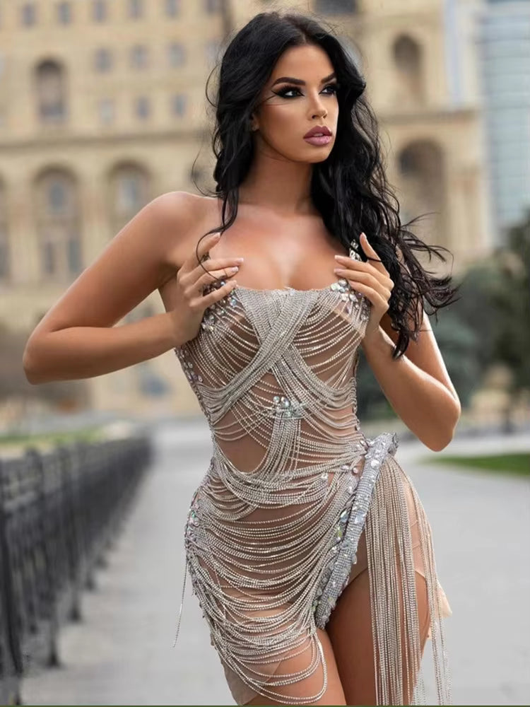 Crystal Diamonds Strapless Birthday Party Bar Nightclub Stage Performance Mini Dress