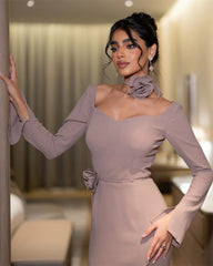 Customized Intricate Elegant Applique Flower Pleat Off-shoulder Full Sleeve Dresses