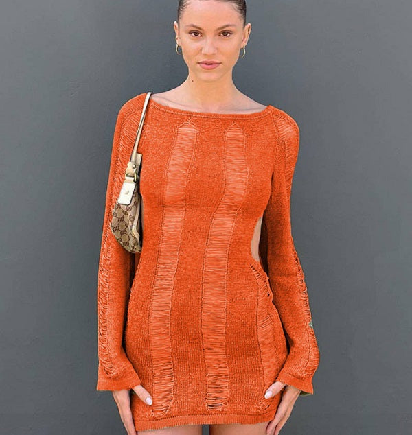 Cut Out Backless Tight Knitted Solid Color Dress