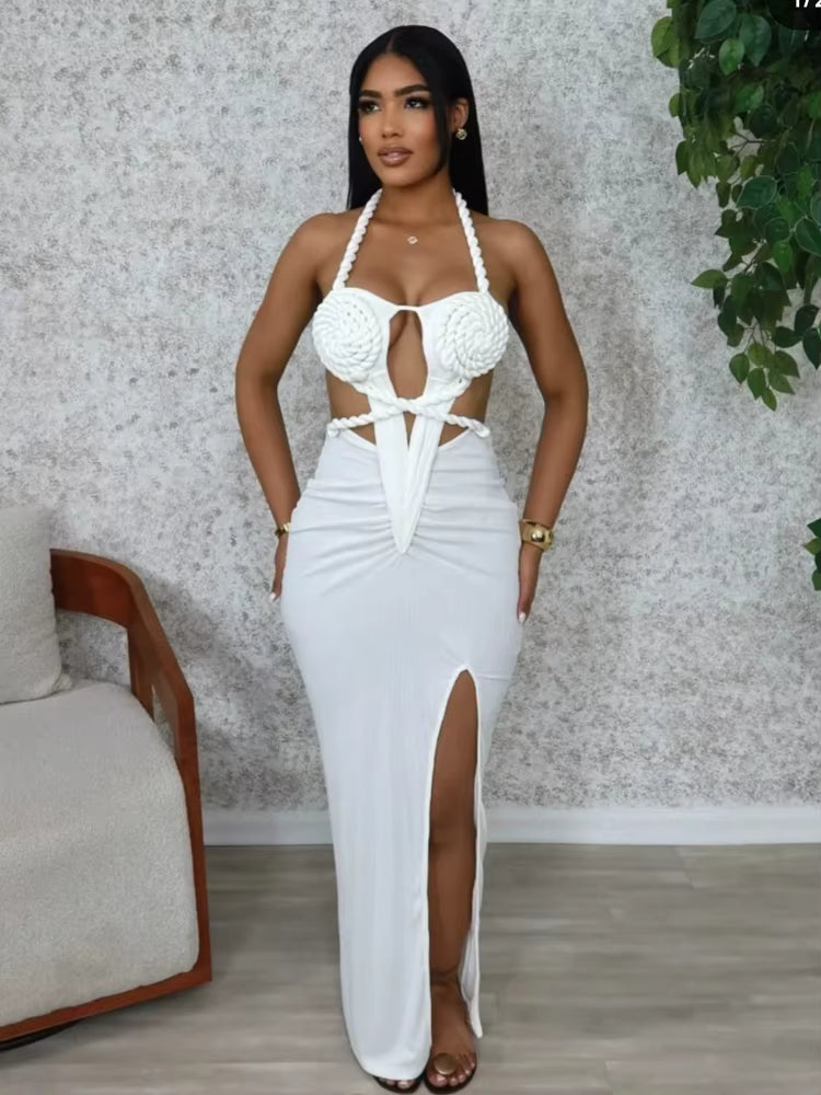 Cut-Out Ruched Halter Neck Backless High Slit Bandage Party Dresses