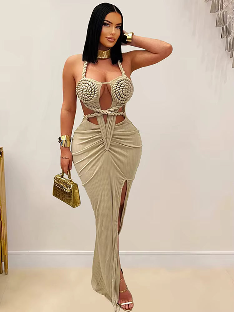 Cut-Out Ruched Halter Neck Backless High Slit Bandage Party Dresses