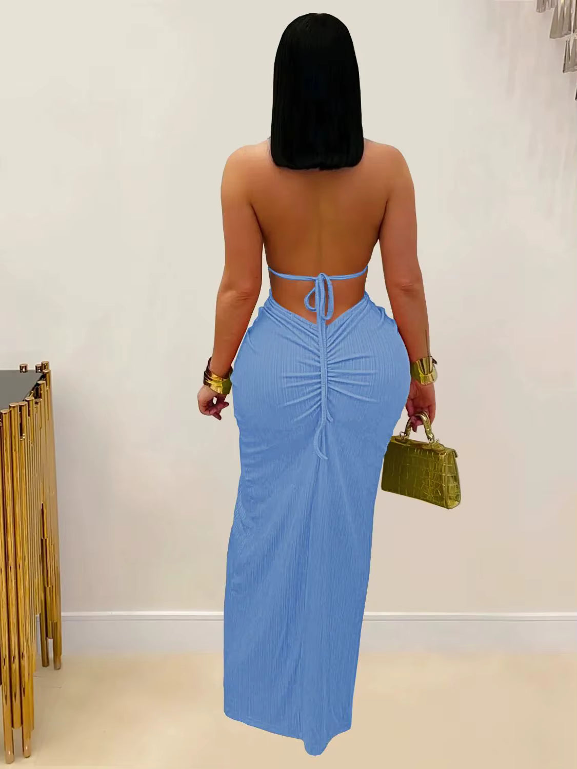 Cut-Out Ruched Halter Neck Backless High Slit Bandage Party Dresses