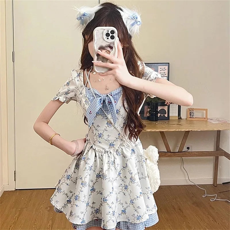 Cute Bow Floral Sweet Short Sleeve Casual Vintage Slim Preppy Style Dress