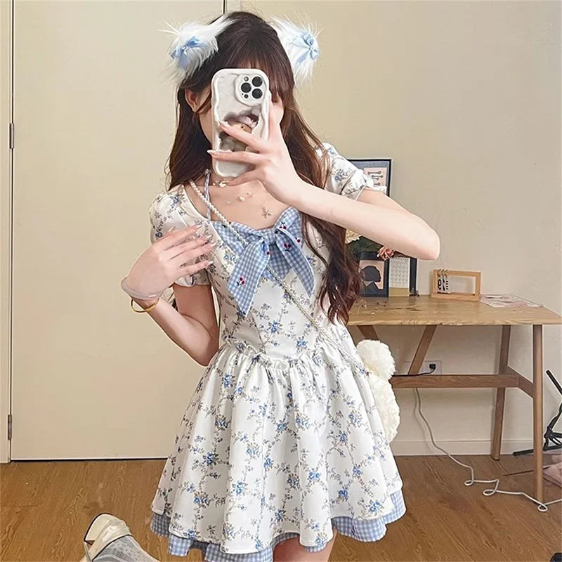 Cute Bow Floral Sweet Short Sleeve Casual Vintage Slim Preppy Style Dress