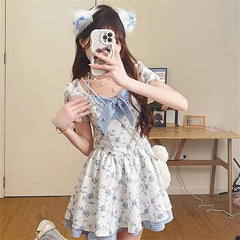 Cute Bow Floral Sweet Short Sleeve Casual Vintage Slim Preppy Style Dress
