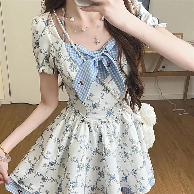 Cute Bow Floral Sweet Short Sleeve Casual Vintage Slim Preppy Style Dress