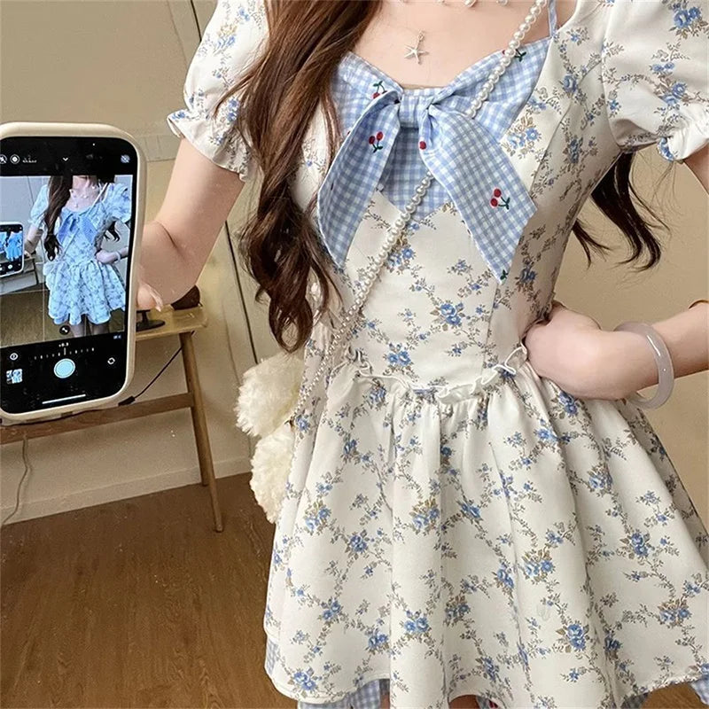 Cute Bow Floral Sweet Short Sleeve Casual Vintage Slim Preppy Style Dress