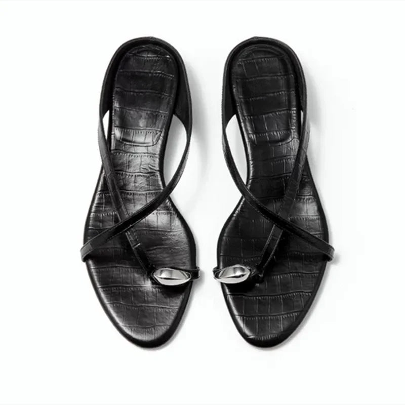 Cute Metal Decoration Cross Strap Slippers Round Head Low Heel