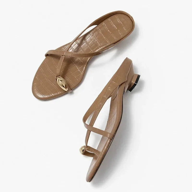 Cute Metal Decoration Cross Strap Slippers Round Head Low Heel