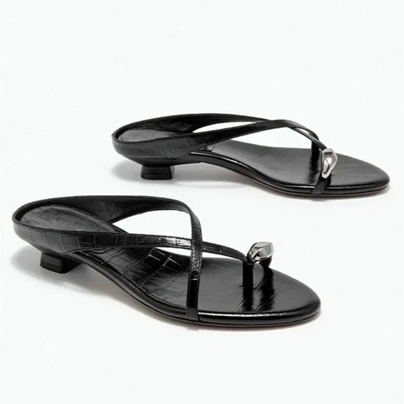 Cute Metal Decoration Cross Strap Slippers Round Head Low Heel