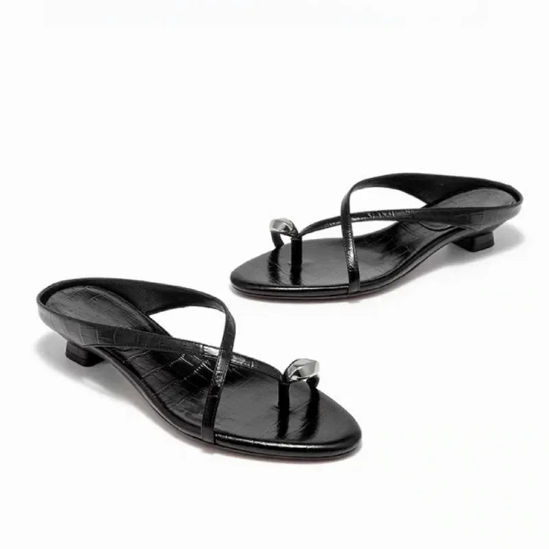 Cute Metal Decoration Cross Strap Slippers Round Head Low Heel