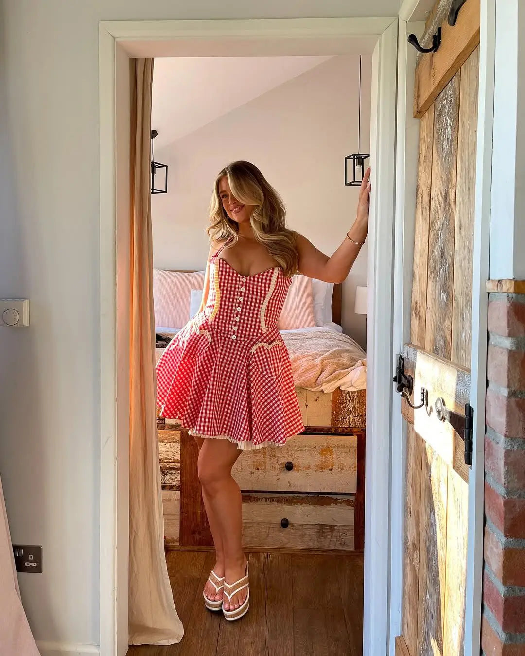 Cute Plaid Halter Front Button Pockets Backless A-line Short Dress