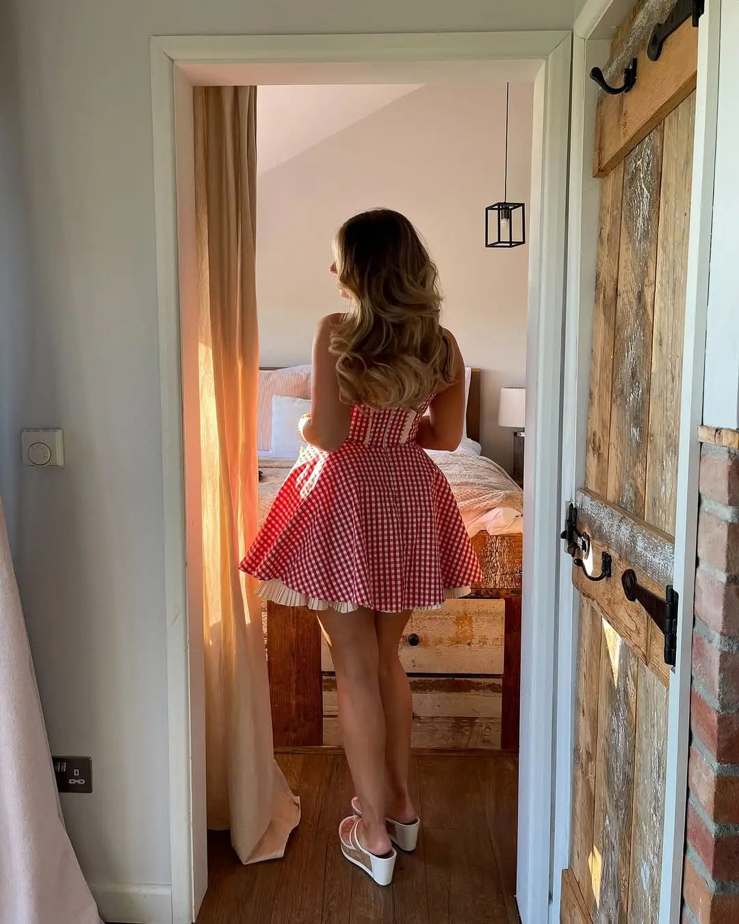 Cute Plaid Halter Front Button Pockets Backless A-line Short Dress