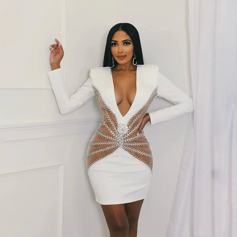 Deep V-Neck Diamond Long Sleeves zipper empire Waist Cocktail Party Bandage Dress