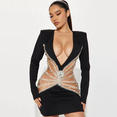 Deep V-Neck Diamond Long Sleeves zipper empire Waist Cocktail Party Bandage Dress
