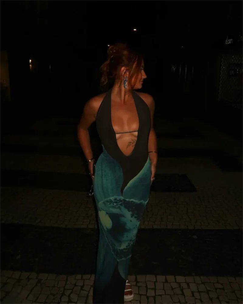 Deep V Neck Halter Print Sleeveless Backless High Waist Club Party Dress