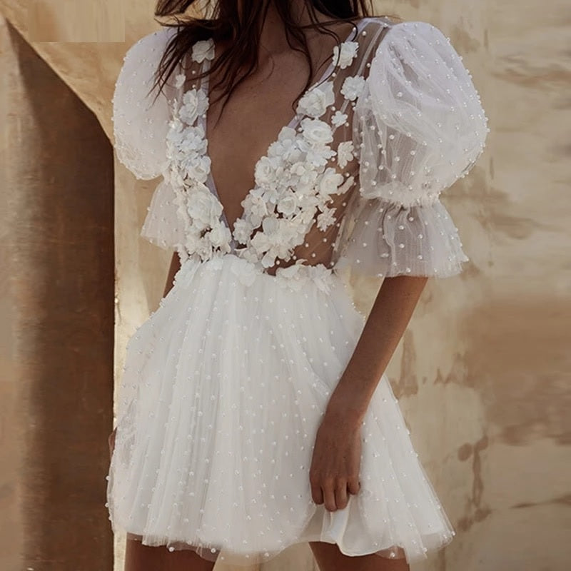 Deep V Neck Puff Sleeves Pearls Backless Formal Party Dress