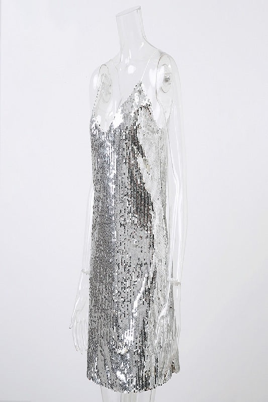 Deep V Neck Sequined Backless Off Shoulder Mini Dress