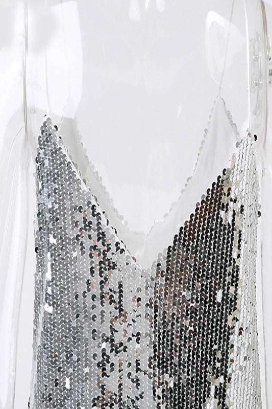 Deep V Neck Sequined Backless Off Shoulder Mini Dress