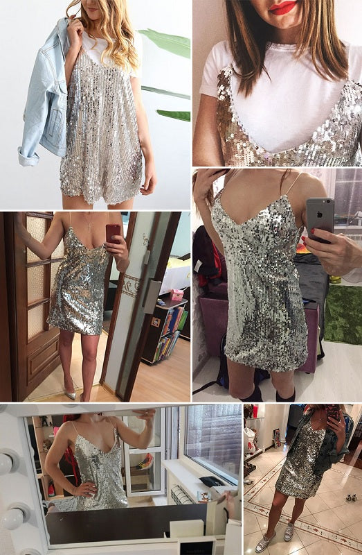Deep V Neck Sequined Backless Off Shoulder Mini Dress