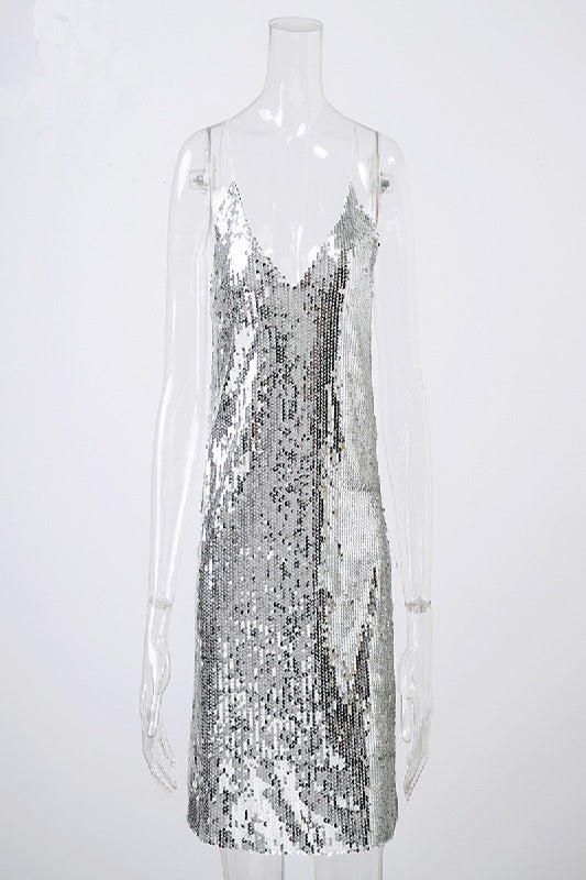 Deep V Neck Sequined Backless Off Shoulder Mini Dress
