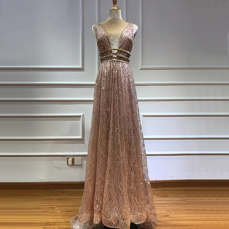 Deep-V Tulle Glitter A-Line Evening Dresses