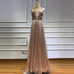 Deep-V Tulle Glitter A-Line Evening Dresses