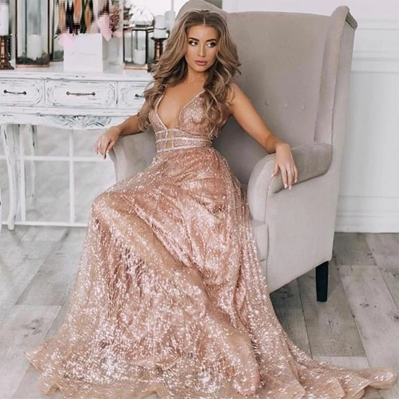 Deep-V Tulle Glitter A-Line Evening Dresses