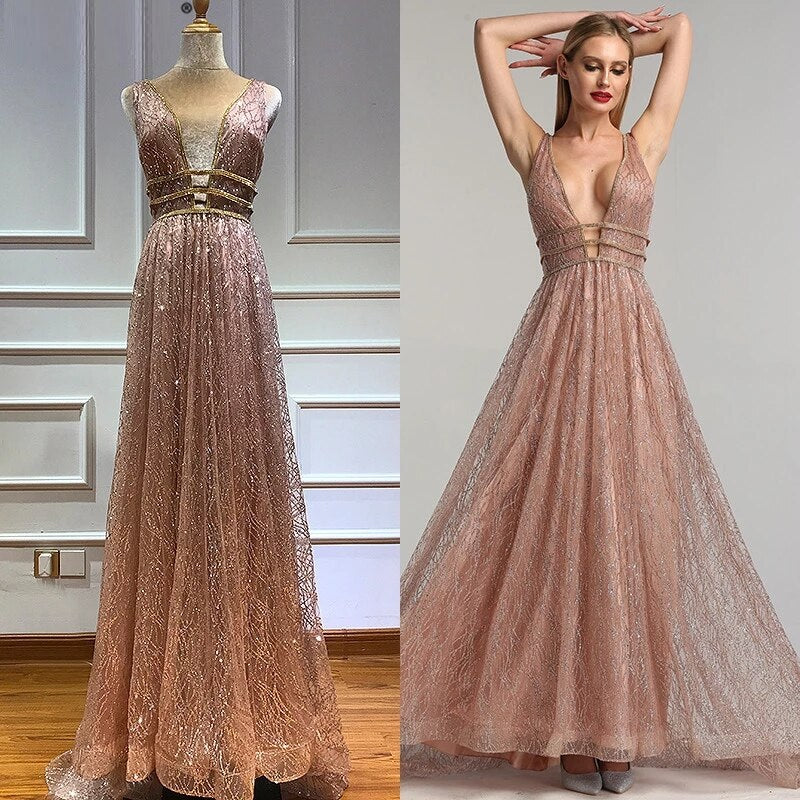Deep-V Tulle Glitter A-Line Evening Dresses