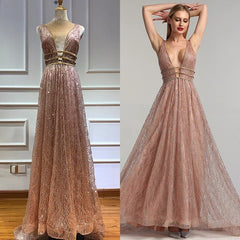 Deep-V Tulle Glitter A-Line Evening Dresses