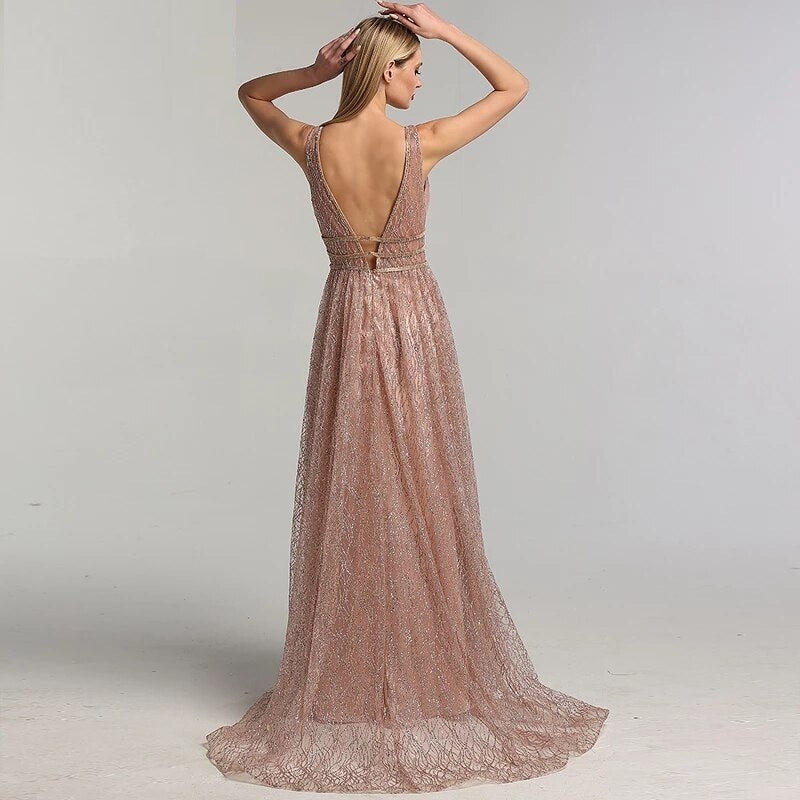 Deep-V Tulle Glitter A-Line Evening Dresses